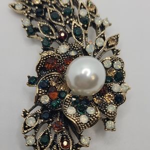 Antique Cz  gold color multi colour stone work flower Brooch pin 6cm long 3cm wi